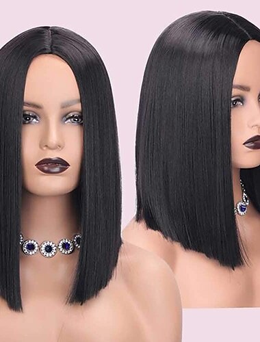  capelli neri lunghezza della spalla parrucca per le donne 14 pollici dritto bob parrucche parrucca sintetica parte centrale parrucca parrucche resistenti al calore