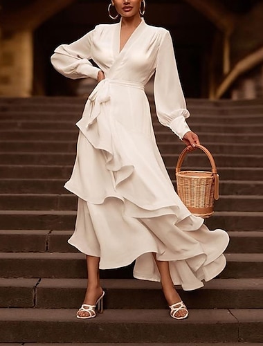  Réception Petite Robe Blanche Robes de Douche Nuptiale Robes de Mariée A-Line V Neck Long Sleeve Asymétrique Chiffon Robes Nuptiales Avec Cascading Ruffles Couleur Unie robe à impressionner Mariage