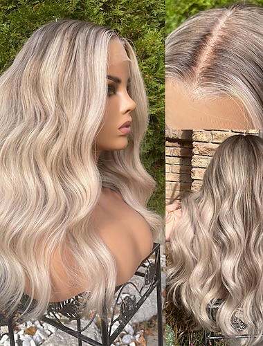  pelucas de cabello humano con frente de encaje rubio ceniza platino Peluca frontal de encaje 13x4 raíces rubias oscuras pre arrancadas 130% / 150% / 180% densidad peluca ondulada larga para mujeres