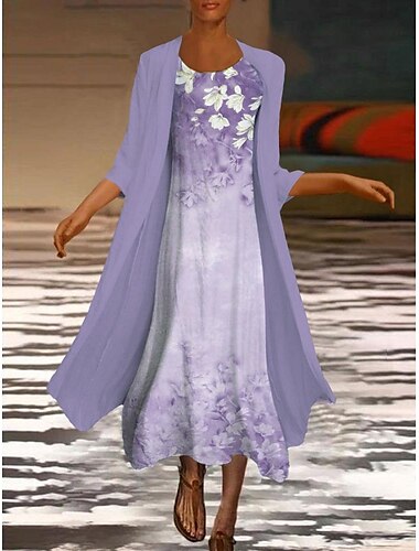  Damen kleid lang Kleid-Set Zweiteiliges Kleid Etuikleid Kirche Kleid Elegant Brautkleider schlicht Täglich Ausgehen Lockere Passform Blumen Halbe Ärmel Rundhalsausschnitt Blau Purpur Grün Sommer
