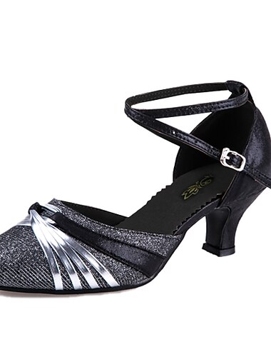 Dames Ballroom schoenen Moderne dansschoenen Dansschoenen Prestatie Oefenen Wals Hakken Glitter Gesplitst Cuba-hak Volwassenen Zwart
