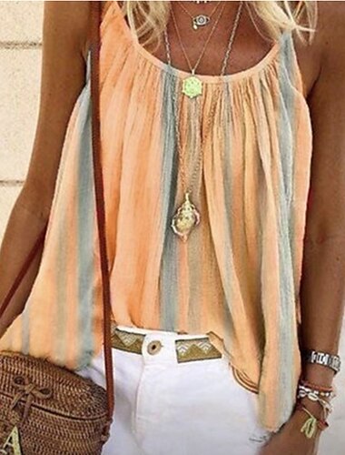  Damen Camisole Tank Top Camisole Sommer Tops Gelb Pink Blau Streifen gefältet Urlaub Boho Rundhals S