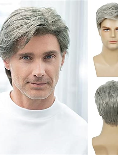  Men Wigs Short Silver Gray Wig Synthetic Heat Resistant Natural Halloween Cosplay Hair Wig