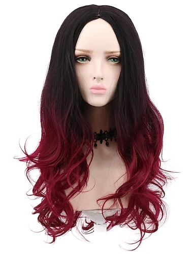  lång vågig tvåfärgad ombre svart mörkröd peruk halloween cosplay kostym peruker