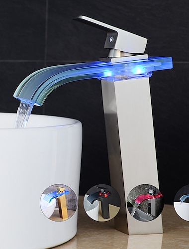  Grifo mezclador de lavabo de baño led, caño de cascada, temperatura de 3 colores, grifos de recipiente alto, grifos de lavabo monomando de un solo orificio, baño