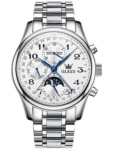  OLEVS Heren Mechanisch Horloge Kalender Luxe Waterdichte Armbandswatch Automatisch Zelfopwindend Maanfase Dubbele Weergave Kalender Roestvrijstalen Band Horloge