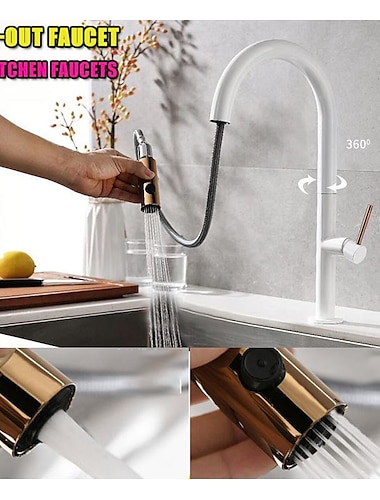  引き出し式噴霧器付きキッチンシンクミキサー蛇口現代的、360度回転可能なプルダウンシングルハンドル1穴ハイアークアンティークキッチンタップ、調節可能な冷水および温水ホース