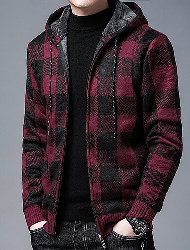  Men's Knit Oversized Plaid Turndown Basic Daily New Year Clothing Apparel Spring Fall & Winter Red S M L
