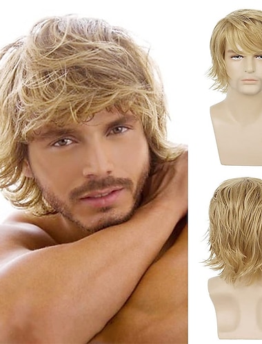 miesten blondi peruukki lyhyt pörröinen kerroksinen blondi peruukki luonnollinen synteettinen halloween cosplay hiukset peruukki miespuoliselle miehelle