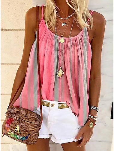  Débardeur sans manches à rayures pour femmes débardeur d'été jaune rose bleu plis vacances boho col rond S
