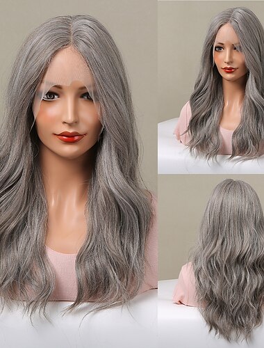  HAIRCUBE Ombre Grey/Brown/Auburn/Golden 22 inch Lace Front Wig Long Natural Wavy 13*4*1 T Part Kanekalon Lace Wig With Baby Hair for Woman 180% Density