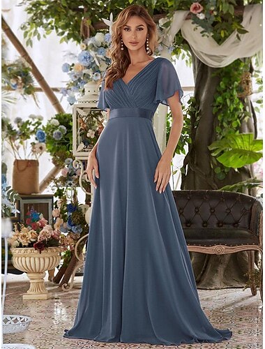  A-Line Evening Gown Party Dress Empire Dress Wedding Guest Formal Evening Floor Length Short Sleeve V Neck Bridesmaid Dress Chiffon V Back with Ruffles Pure Color 2024