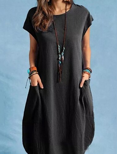  Femmes Noir Blanche bleu marine Été Printemps Robe Midi Robes inspirées du lin Robe Décontractée Robe fourreau Classique Occasionnel Extérieur Vacances Quotidien Coupe régulière Couleur Unie Col ras