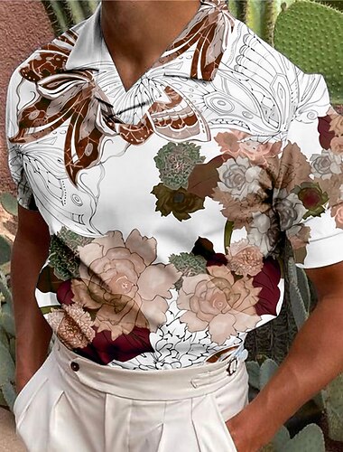  בגדי ריקוד גברים פרחוני חולצות פולו חולצות פולו הוואי חולצת גולף שרוולים קצרים חולצה צווארון מתקפל קזו'אל יומי הדפסת תלת מימד פול סגול חום תלתן דפוס כפתור למטה ביגוד אופנתי מעצב יום יומי נושם