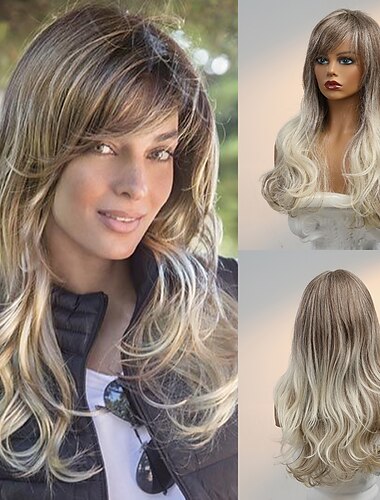  人間の髪のブレンド かつら 非常に長いです ウェーブ サイドパート レイヤード・ヘアカット アシメントリー・ヘアカット バング付き ブロンド コスプレ カーラー＆ストレートナー ナチュラルヘアライン キャップレス ブラジリアンヘア 女性用 フリーサイズ ゴールデンブラウン / アッシュブロンド 26 インチ クリスマスギフト パーティー デイリーウェア