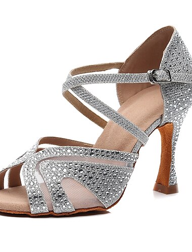  Zilveren dansschoenen met strass-steentjes voor dames met gekruiste bandjes - open teen ballroom- en latinhakken