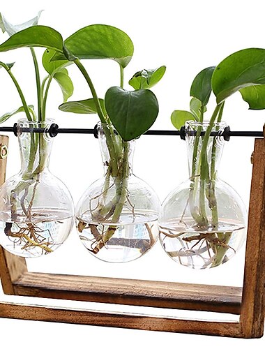  Cadre en bois créatif vase en verre terrarium de table hydroponique vases de plantes bonsaï 3 pot de fleur transparent avec plateau en bois décor à la maison