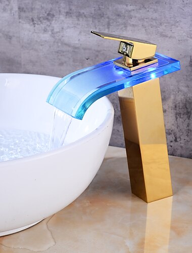  LED-Waschbeckenmischer-Wasserhahn, Wasserfallauslauf, 3 Farbtemperaturen, hohe Wasserhähne, Einhand-Einloch-Monoblock-Waschtischarmaturen, Waschraum