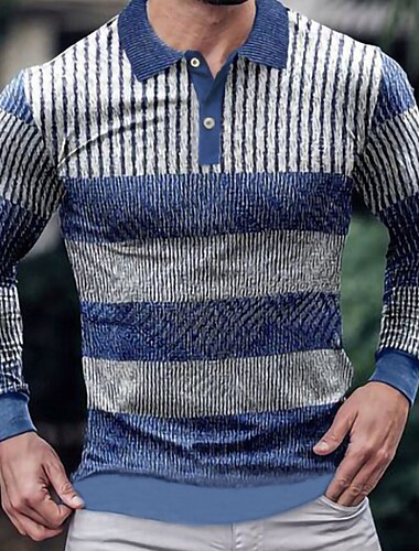  Herren Poloshirt Golfhemd Outdoor Strasse Polo-Kragen Klassisch Langarm Modisch Brautkleider schlicht Graphic Gestreift Knopf vorne Button-Down Frühling & Herbst Regular Fit Marineblau Blau Khaki