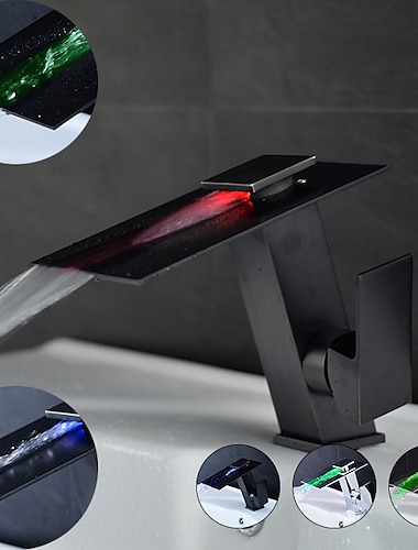  grifo de baño con caño de cascada led 3 cambios de color con la temperatura, mezclador de fregadero monomando grifos monomando de un orificio grifo de latón montado en cubierta