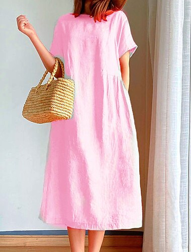  בגדי ריקוד נשים שמלת מידי פשתן כותנה דמוי עור שמלת שיפט שמלת קז'ואל בסיסי יומי חגים ליציאה רגיל צבע אחיד שרוולים קצרים צווארון עגול קצר פול ורוד מסמיק כחול נייבי כתום קיץ אביב