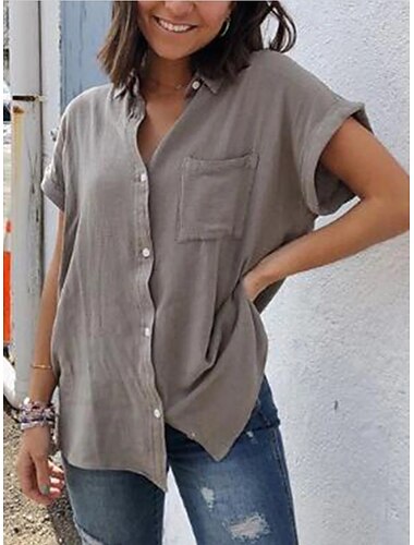  Γυναικεία Κουμπί επάνω Μακριά βαμβακερά μπλουζάκια Λευκό βαμβάκι Λευκή βαμβακερή μπλούζα Τσέπη Κουμπιά Σκέτο Κομψό στυλ street Καθημερινό Κοντομάνικο Κολάρο Πουκαμίσου Κανονικά μπλουζάκια