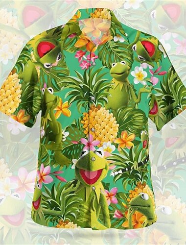  男性用 シャツ アロハシャツ グラフィックシャツ フラワー パイナップル カエル 折襟 オリーブグリーン 赤、緑 ピンク ルビーレッド ブルー 3Dプリント アウトドア ストリート 半袖 ボタンダウン 衣類 ハワイアン デザイナー カジュアル 快適