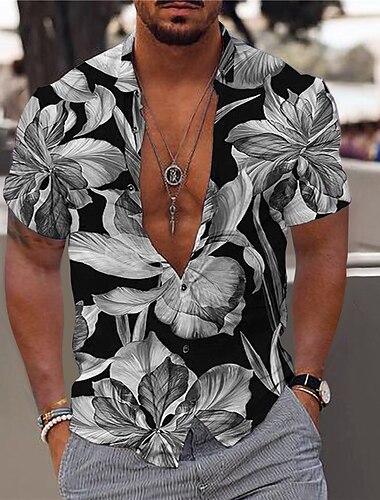  Herren Blumen Hawaiian Aloha Hemd Hawaiihemd Sommerhemd Knopfhemd Kurzarm Modisch Designer Brautkleider schlicht Outdoor Strasse Casual Sommer Frühling Umlegekragen Bedruckt Button-Down Schwarz Wei