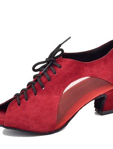  Zwarte veterschoenen voor dames met mesh-panelen en peep-toe-ontwerp - comfortabele ballroom- en salsaschoenen met hak