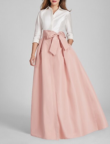  Strandhochzeit A-Linie Abendkleid Süßes Kleid Formal Abend Bodenlange 3/4-Ärmel Hemdkragen Herbst Hochzeitsgast Taft mit Schleife(n) 2025