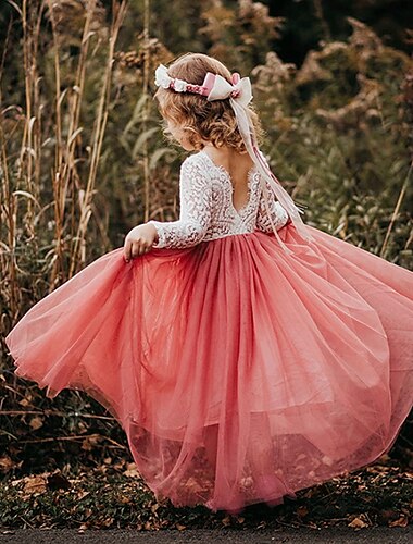  barn flickor blomklänning strand bröllop rygglös klänning i tyll party rynkad mesh spets grön vit blå maxi långärmad prinsessa söta klänningar festklänning online normal passform 4-13 år klänning 2025