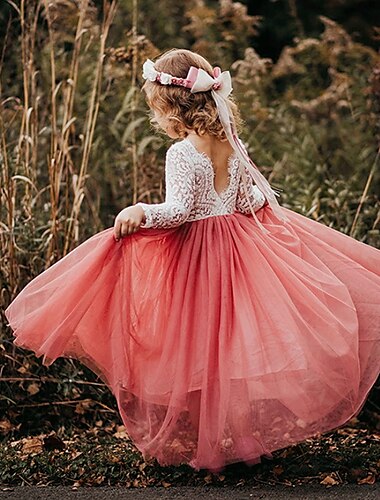  Vestido de flores para niñas, sin espalda, vestido de tul, fiesta, encaje de malla fruncido, verde, blanco, azul, maxi, manga larga, princesa, lindos vestidos, primavera verano, corte regular, 4-13 años