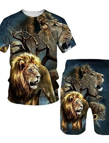  Garçon 3D Animal Lion T-shirt & Short Ensemble de Vêtements Manche Courte Eté Printemps Sportif Mode Frais Enfants 3-13 ans Extérieur Vacances Plein Air Standard