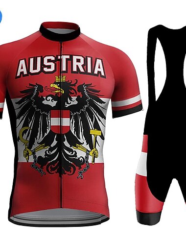  Męskie Koszulka i szorty z szelkami na rower Krótki rękaw Kolarstwo górskie Kolarstwie szosowym Lato Wiosna Czerwony Granatowy Królewski błękit Austria Rower Wkładka 3D Szybkie wysychanie Kieszeń na