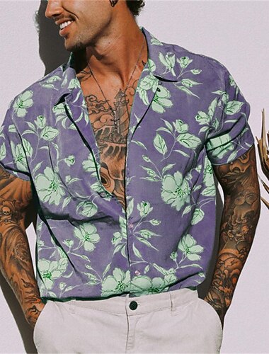  Voor heren Bloemig Tropische bloemen Overhemd Hawaiiaans overhemd Kampshirt Korte mouw Overhemd Strijkijzer Modieus Ontwerper Casual Buiten Straat Casual Geel Lichtgroen blauw Print S M L