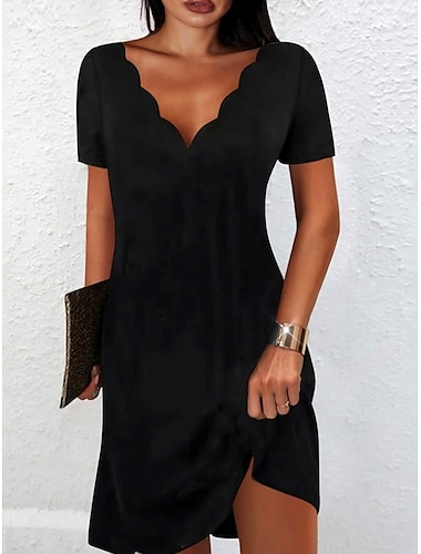  Dam Svart klänning Vardagsklänning Sheath Dress Slät Ren färg Volang Bågad hals Mini klänning Stylish Grundläggande Dagligen Datum Kortärmad Sommar Vår