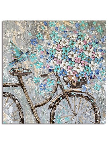 olieverfschilderij handgemaakte handgeschilderde kunst aan de muur abstracte bloemen en fiets canvas schilderij woondecoratie decor uitgerekt frame klaar om op te hangen