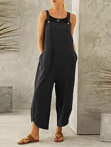  Women's Pants Trousers Jumpsuit Faux Linen Side Pockets Ankle-Length Black Summer