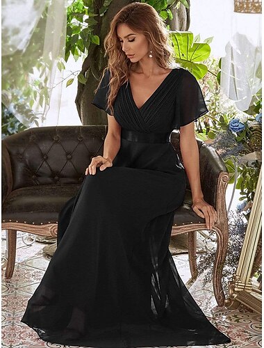  A-Linie Abendkleid Empire Kleid Hochzeit Gastgeber Formelle Abend Bodenlange Kurzarm V-Ausschnitt Brautjungfernkleid Chiffon V Rücken mit Rüschen Unifarben 2025