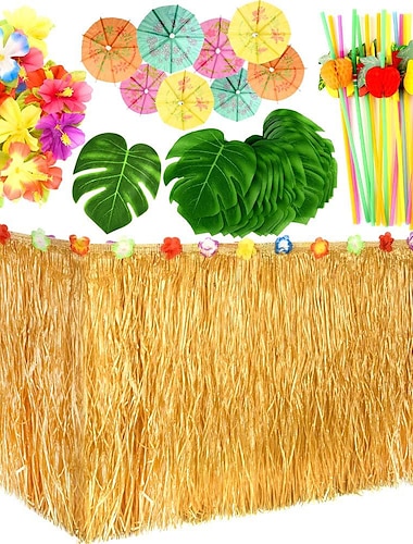  קישוטי מסיבה טרופית הוואית עם חצאית שולחן הוואית לואו גראס עלי דקל ופרחי היביסקוס (זהב)
