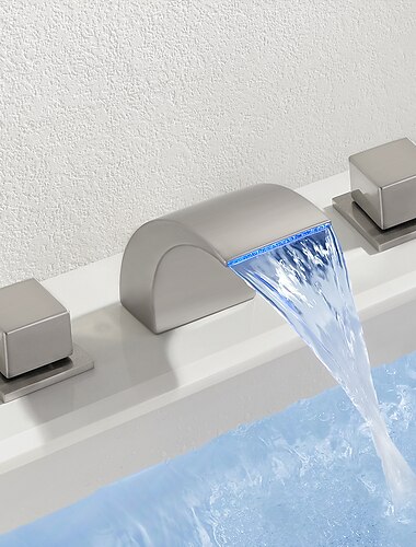  Wasserfall Waschbecken Wasserhahn LED-Licht Deck montiert Messing, weit verbreitete 2-Griff-3-Loch-Wannenarmaturen mit Warm- und Kaltwasserschlauch