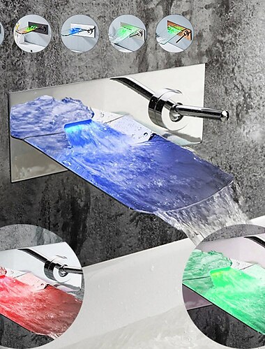  Grifo de lavabo de baño montado en la pared, grifos de baño cromados contemporáneos con cascada led de dos orificios de un solo mango con agua fría y caliente