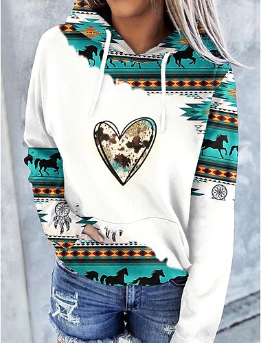  Sudaderas con Capucha para Mujeres Manga Larga Sudadera con Capucha de Impresión Geométrica Azteca Cordón Sudadera con Capucha de Bloque de Color Tops Pullover con Bolsillos Comodidad Tejido