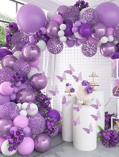  kit de guirlande de ballons violets 145 pièces papillon décorations de douche de bébé pour fille 12 pièces papillon autocollants ballons arc blanc métallique violet confettis pour la fête