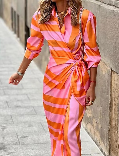  abito camicia da donna vestito aderente avvolgente abito lungo maxi abito moda quotidiana all'aperto boho colletto camicia arricciato spacco manica lunga estate autunno primavera 2023 vestibilità