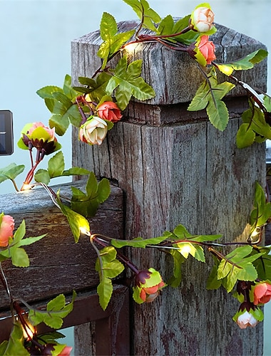  Cadena de luces LED solares para exteriores, hojas de hiedra, rosas, luces colgantes artificiales para San Valentín, decoración de pared para jardín, valla, iluminación impermeable