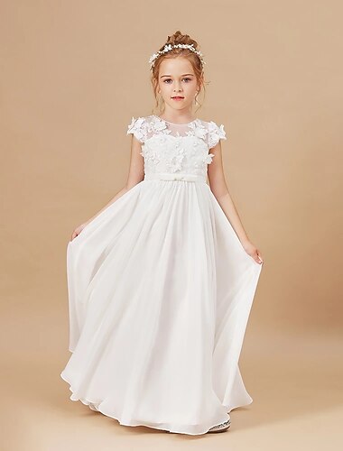  Bloemenmeisjesjurk Voor meisjes Prinses jurk Eerste Communie Jurk Feestjurk Prestatie Bruiloft Feest Prinses Zoet Netstof Effen Kleur Korte mouw Strakke ronde hals Wit 2-12 jaar