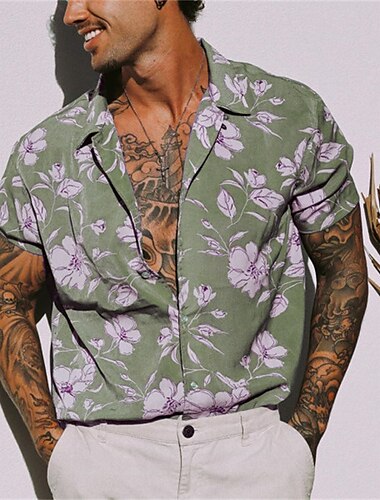 男性用 フラワー 熱帯の花 シャツ アロハシャツ キャンプシャツ 半袖 シャツ 折襟 ファッション デザイナー カジュアル アウトドア ストリート カジュアル イエロー ライトグリーン ブルー プリント S M L