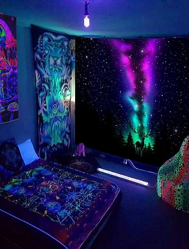 Tapisserie à lumière noire réactive aux UV qui brille dans le noir, décoration murale suspendue, néon, psychédélique, trippante et brumeuse, pour salon, chambre à coucher, lion étoilé