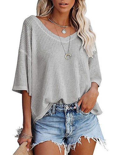  summer  v-neck doll sleeve waffle knit loose solid color short sleeve t-shirt top women‘s